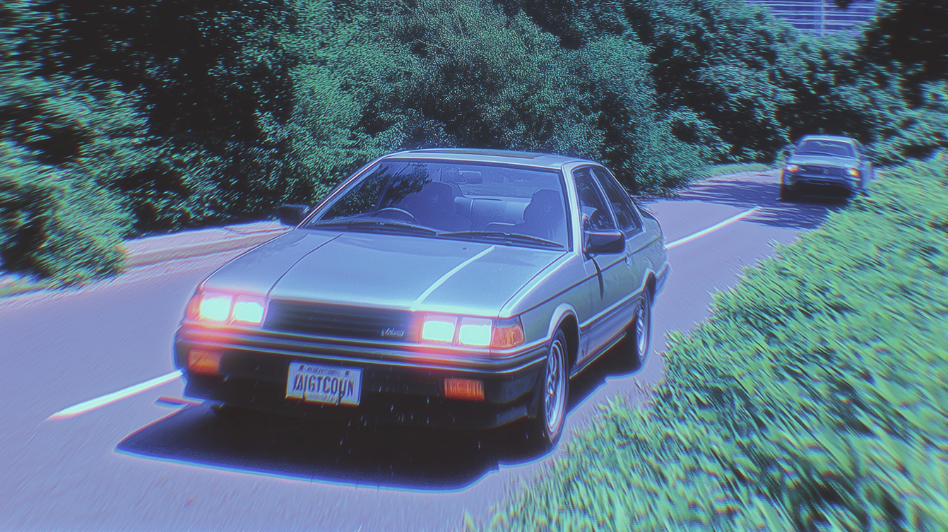 An image of a car ridding dow the road with another car following behind it